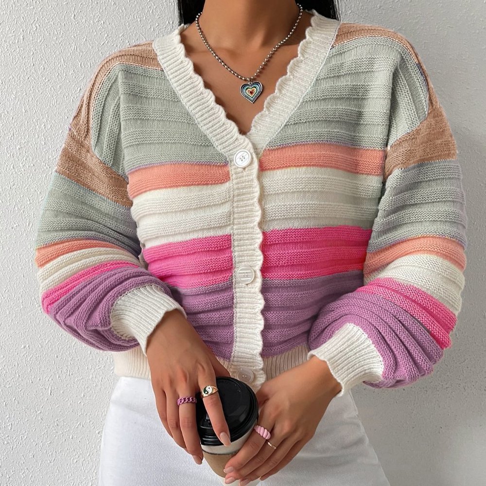 Multicolor Casual Womens Colorblock Scallop Trim Drop Shoulder Cardigan - Picture 3 of 5